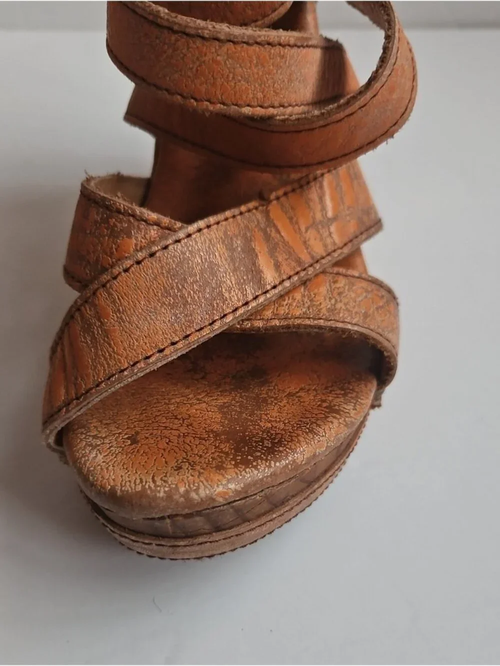 Bed Stu Distressed Orange Leather Strappy Juliana Wedge Sandals